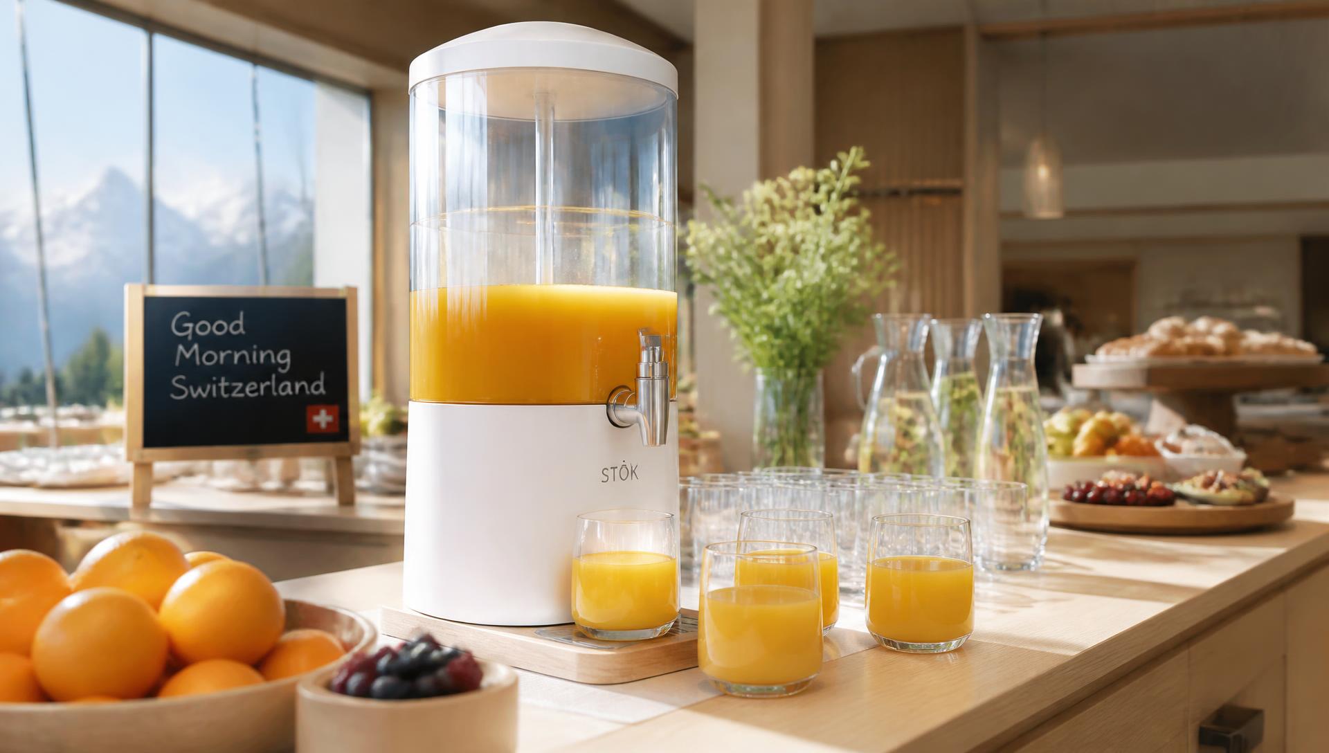 Frühstücksbuffet in einem Schweizer Hotel mit Saftdispenser